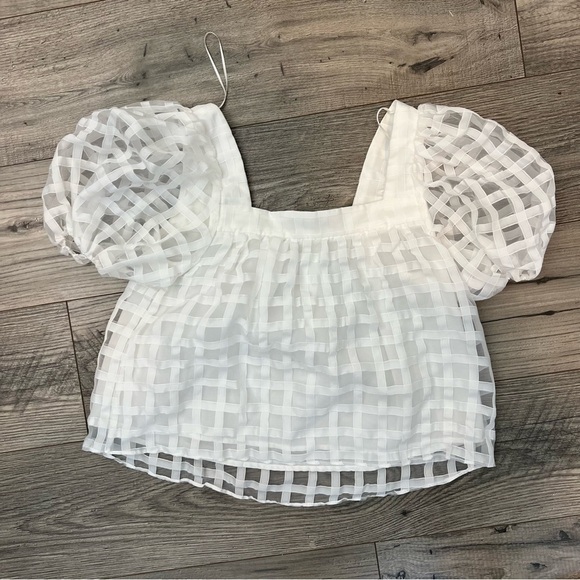 English Factory White Grid Pattern Puff Sleeve Organza Top- Size Extra Small - Picture 6 of 14